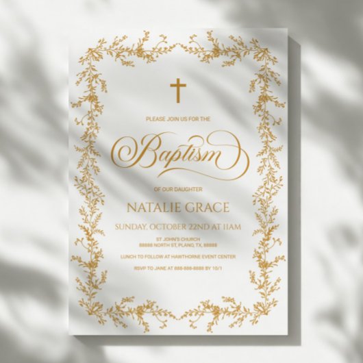 Elegant Gold Hand Drawn Floral Frame Baptism 招待状