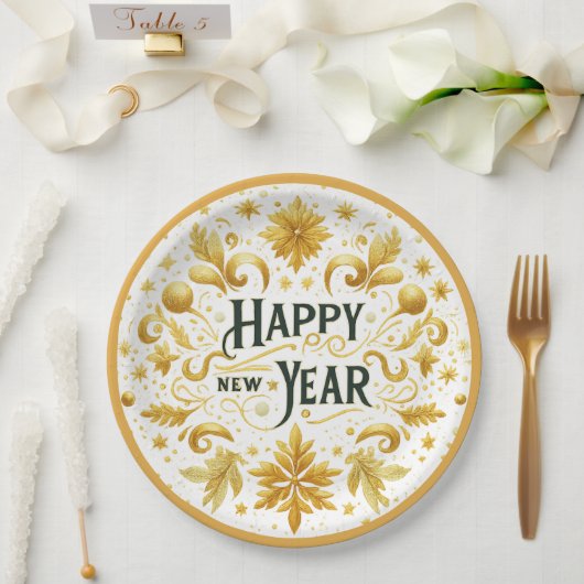 Elegant Gold Happy New Year  Paper Plate ペーパープレート (ウェディング)