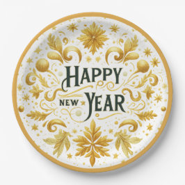 Elegant Gold Happy New Year  Paper Plate ペーパープレート