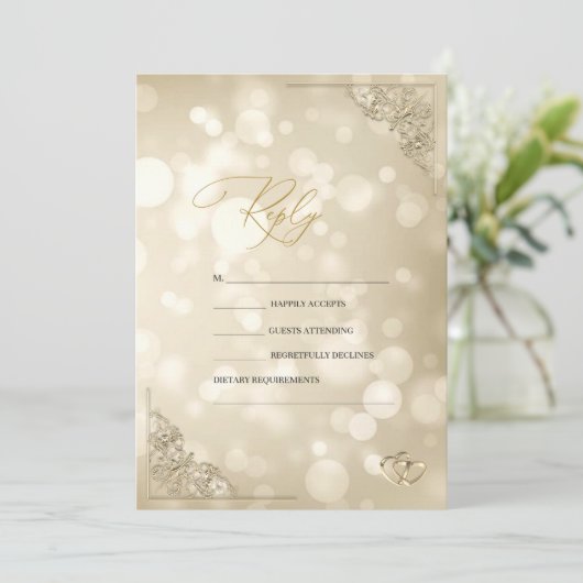 Elegant Gold Hearts Frame Bokeh RSVP   招待状 (スタンド正面)