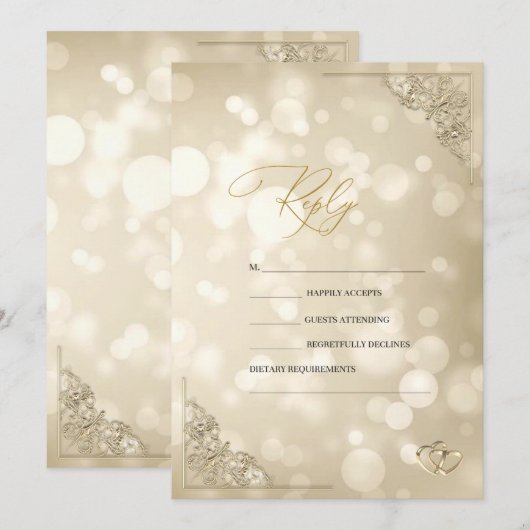 Elegant Gold Hearts Frame Bokeh RSVP   招待状 (正面/裏面)