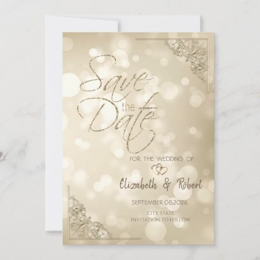 Elegant Gold Hearts Frame Bokeh Save The Date セーブザデート (正面)