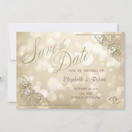 Elegant Gold Hearts Frame Bokeh Save The Date セーブザデート (正面)