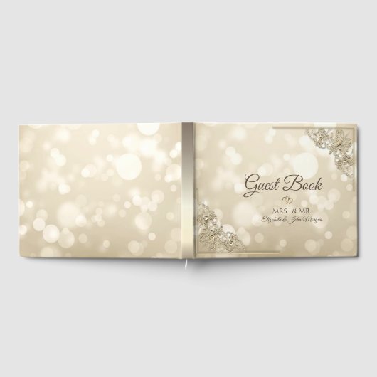 Elegant Gold Hearts Frame Bokeh Wedding ゲストブック (全面)