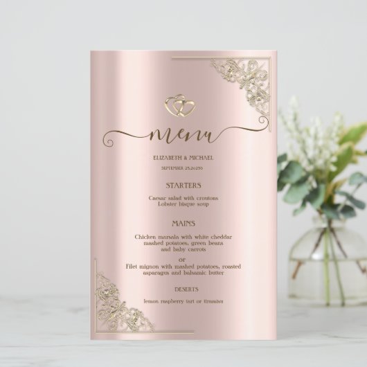 Elegant Gold Hearts Rose Gold Wedding Menu Card (スタンド正面)