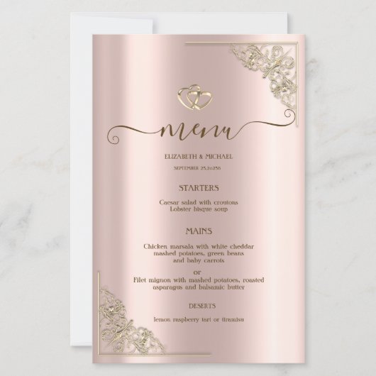 Elegant Gold Hearts Rose Gold Wedding Menu Card (正面)