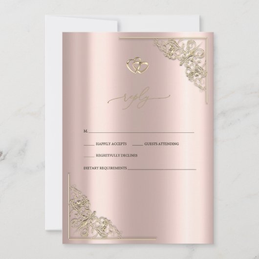 Elegant Gold Hearts Rose Gold Wedding RSVP 招待状 (正面)