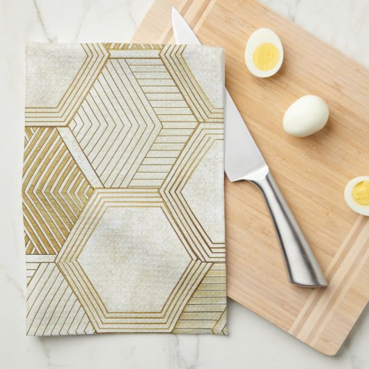 Elegant Gold Hexagon Geometric Pattern - Marble 2 キッチンタオル (四つ折り)