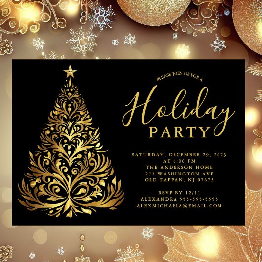 Elegant Gold Holiday Party Invitation 招待状