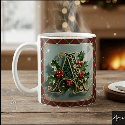 Elegant Gold Holly Christmas Initial Letter A コーヒーマグカップ