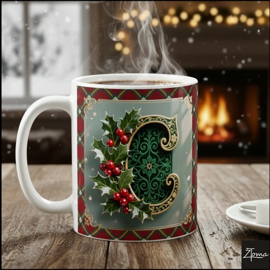 Elegant Gold Holly Christmas Initial Letter C コーヒーマグカップ