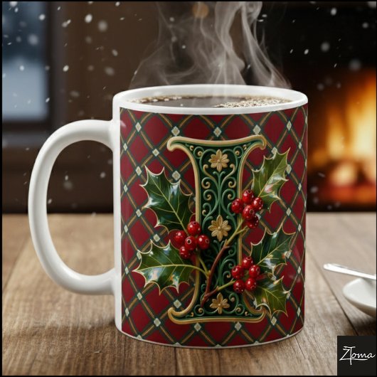 Elegant Gold Holly Christmas Initial Letter I コーヒーマグカップ