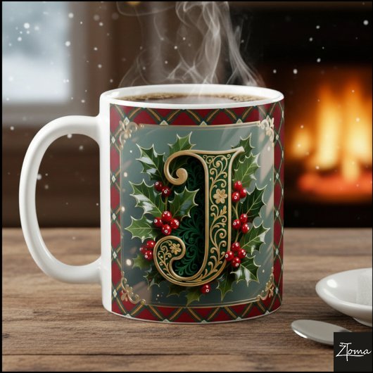 Elegant Gold Holly Christmas Initial Letter J コーヒーマグカップ