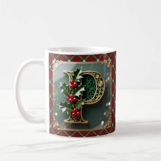 Elegant Gold Holly Christmas Initial Letter P コーヒーマグカップ (左)