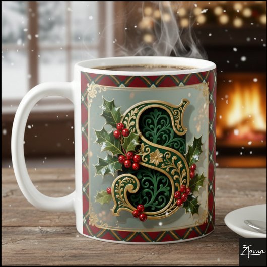 Elegant Gold Holly Christmas Initial Letter S コーヒーマグカップ