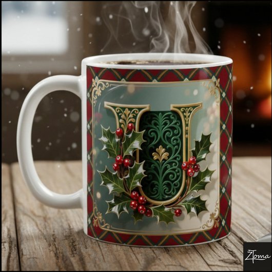 Elegant Gold Holly Christmas Initial Letter U コーヒーマグカップ
