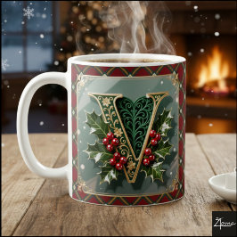 Elegant Gold Holly Christmas Initial Letter V コーヒーマグカップ