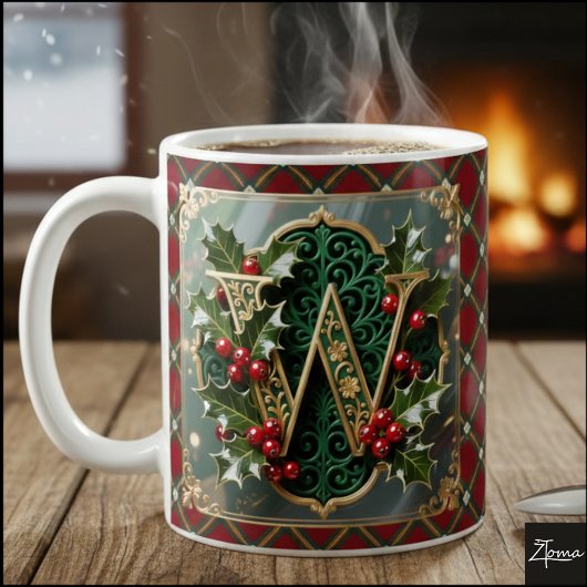 Elegant Gold Holly Christmas Initial Letter W コーヒーマグカップ