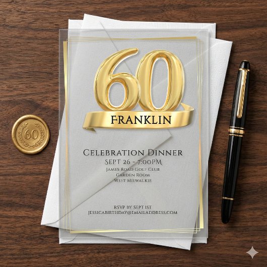 Elegant Gold Iconic Age Soft Grey 60th Birthday アクリル招待状