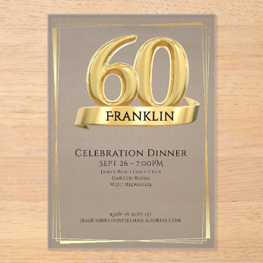 Elegant Gold Iconic Age Soft Grey 60th Birthday アクリル招待状 (正面)