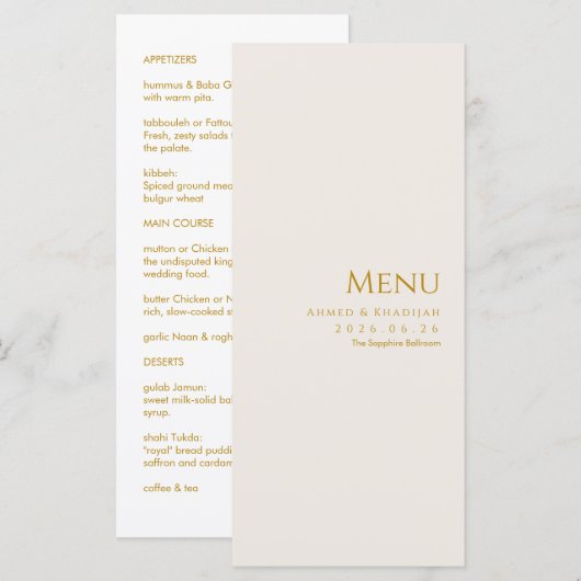 Elegant Gold Islamic Wedding Menu Card Flat Menu メニュー (正面/裏面)