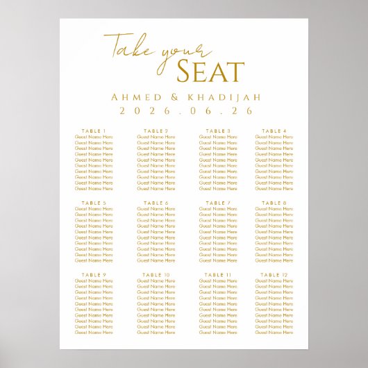 Elegant Gold Islamic Wedding Seating Chart Poster ポスター (正面)