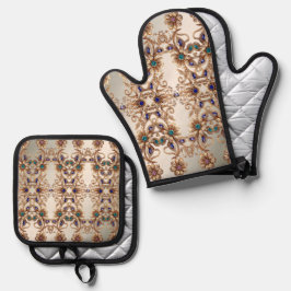 Elegant Gold Jewel Flowers 鍋つかみ&鍋敷きセット