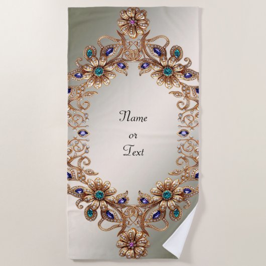 Elegant Gold Jewel Flowers Beach Towel ビーチタオル (正面)