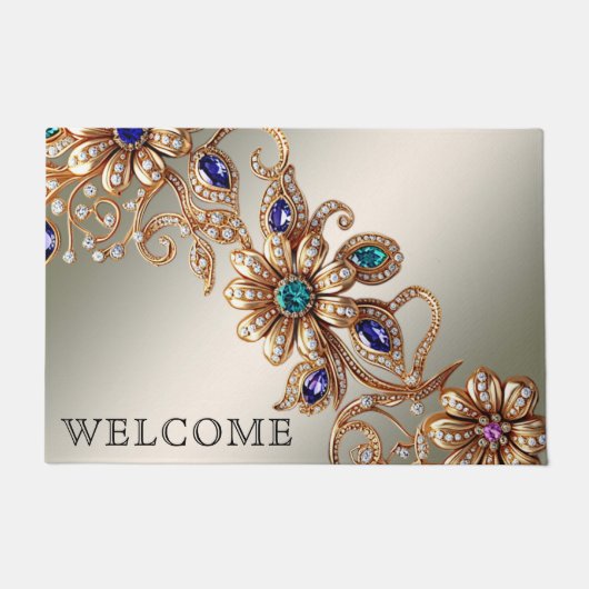 Elegant Gold Jewel Flowers Doormat ドアマット (正面)