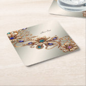Elegant Gold Jewel Flowers Paper Coaster スクエアペーパーコースター (アングル)