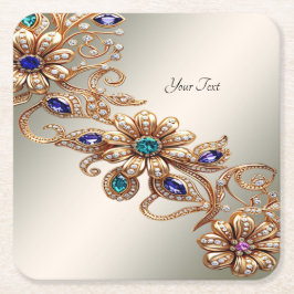 Elegant Gold Jewel Flowers Paper Coaster スクエアペーパーコースター