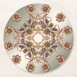 Elegant Gold Jewel Flowers Paper Coaster ラウンドペーパーコースター