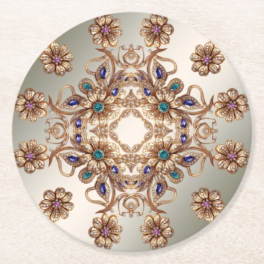 Elegant Gold Jewel Flowers Paper Coaster ラウンドペーパーコースター (正面)