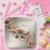 Elegant Gold Jewel Flowers Paper Plate ペーパープレート (パーティー)