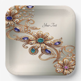 Elegant Gold Jewel Flowers Paper Plate ペーパープレート