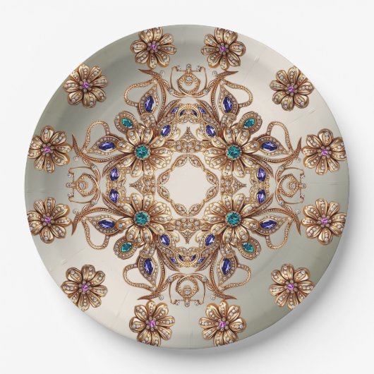 Elegant Gold Jewel Flowers Paper Plate ペーパープレート (正面)