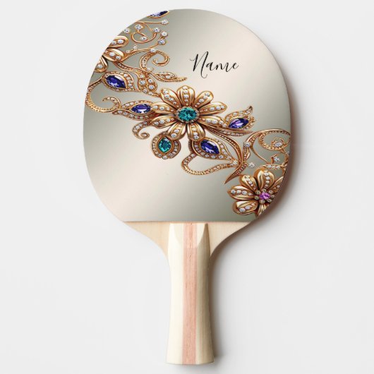 Elegant Gold Jewel Flowers Ping Pong Paddle 卓球ラケット (正面)
