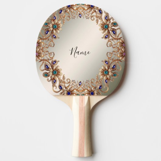 Elegant Gold Jewel Flowers Ping Pong Paddle 卓球ラケット (正面)