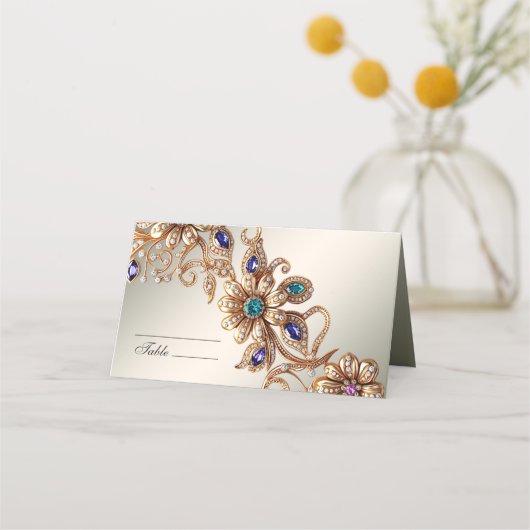 Elegant Gold Jewel Flowers Place Card プレイスカード (正面)