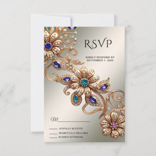 Elegant Gold Jewel Flowers RSVP Card (正面)