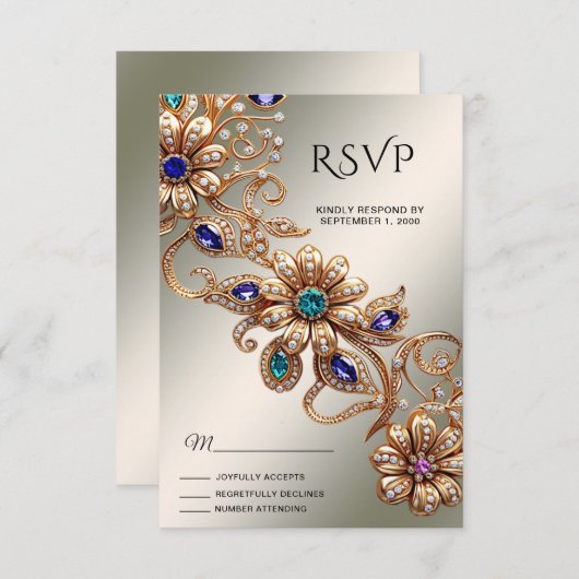 Elegant Gold Jewel Flowers RSVP Card (正面/裏面)