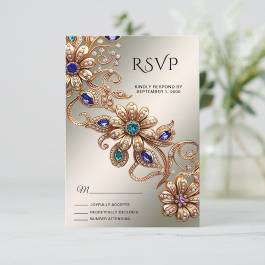 Elegant Gold Jewel Flowers RSVP Card (スタンド正面)