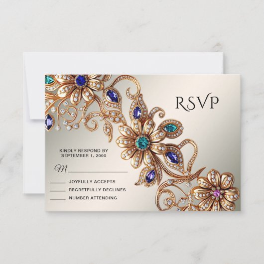 Elegant Gold Jewel Flowers RSVP Card (正面)