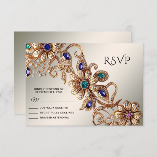 Elegant Gold Jewel Flowers RSVP Card (正面/裏面)