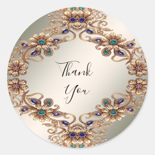Elegant Gold Jewel Flowers Sticker ラウンドシール (正面)