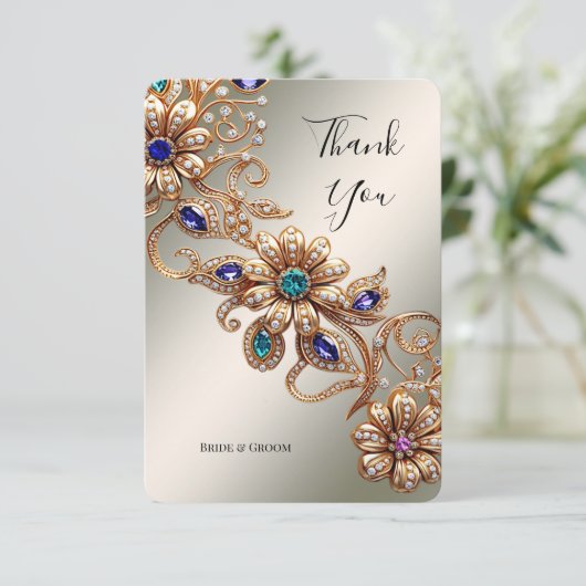 Elegant Gold Jewel Flowers Thank You Card サンキューカード (スタンド正面)