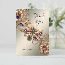 Elegant Gold Jewel Flowers Thank You Card サンキューカード