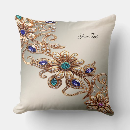 Elegant Gold Jewel Flowers Throw Pillow クッション (正面)