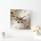 Elegant Gold Jewel Flowers Wall Clock スクエア壁時計 (ホーム)