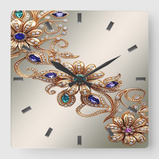 Elegant Gold Jewel Flowers Wall Clock スクエア壁時計 (正面)